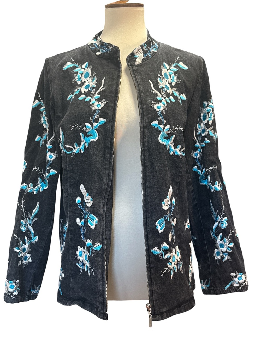 Denim&Co Navy Top with Teal and Light Gray Embroidery #371